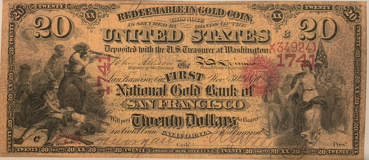 Primary image for Reproduction $20 National Gold Bank Note 1870 1st National Gold Bank SF CA Copy