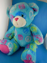 Blue Peace Sign Hippie Teddy Bear 11&quot; Sitting 16&quot; Build A Bear BAB - £9.33 GBP