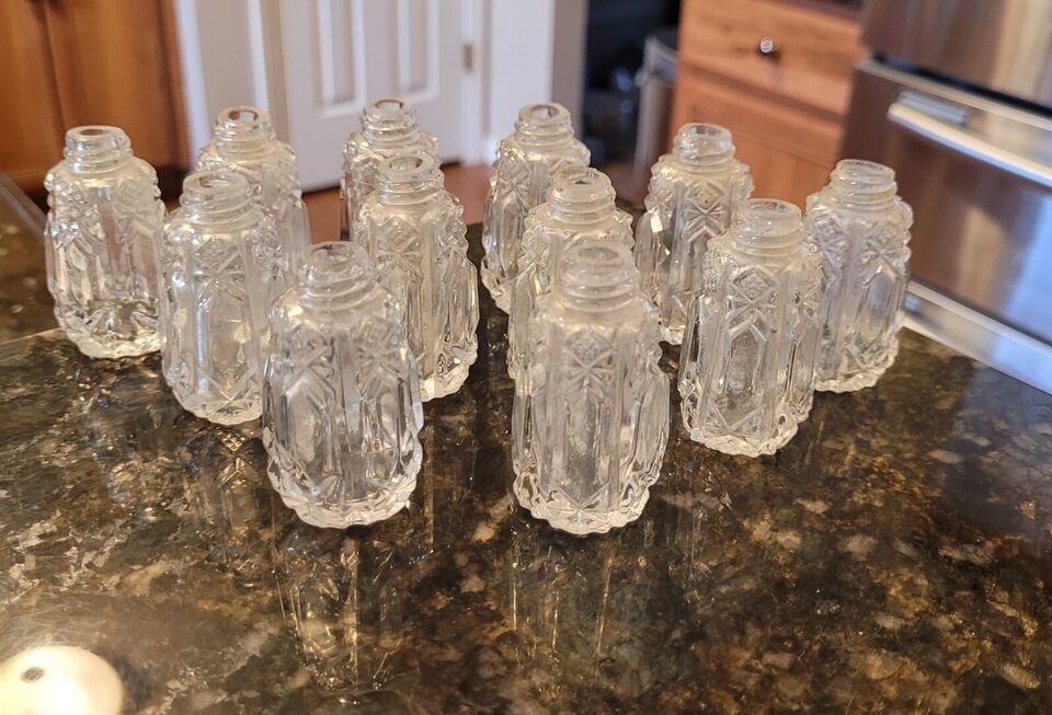 Lot 12 Antique Cut Glass Salt &amp; Pepper Shakers 2” Tall - MISSING LIDS - $44.95