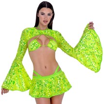 Sequin Shrug Long Bell Sleeves Flared Crop Top Neon Yellow Dance Rave Party 6541 - £71.82 GBP