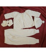 Vintage Handmade Baby Crochet/Knitted White 4 Pc Sweater Booties Beanie ... - £40.27 GBP