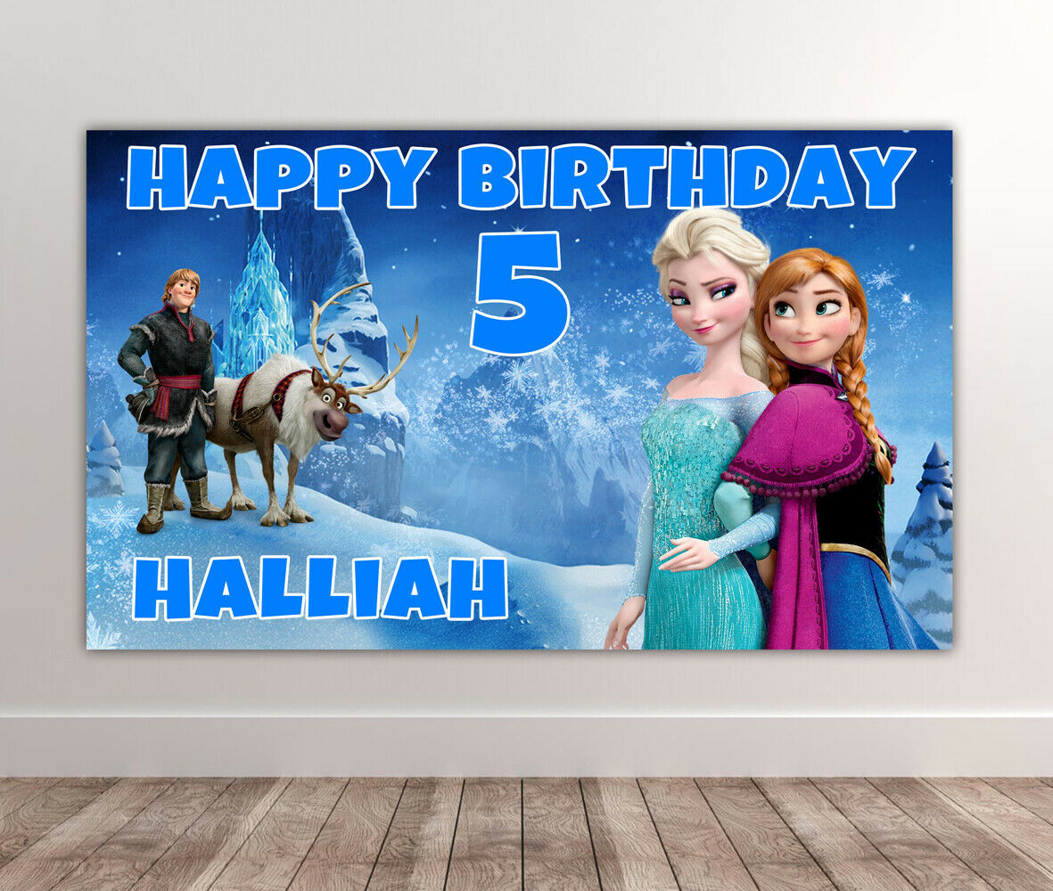 2 X DISNEY FROZEN Personalised Birthday Backdrop - Elsa Anna Size 40 x 24 Inches - $18.29