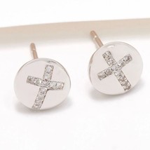 0.08CT Natural Diamond Circle Cross Stud Earrings 14K White Gold Plated Silver - £117.64 GBP