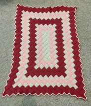 Vintage Handmade Crochet Throw Lap Afghan Blanket Pink White Squares Baby 54x37&quot; - £16.23 GBP