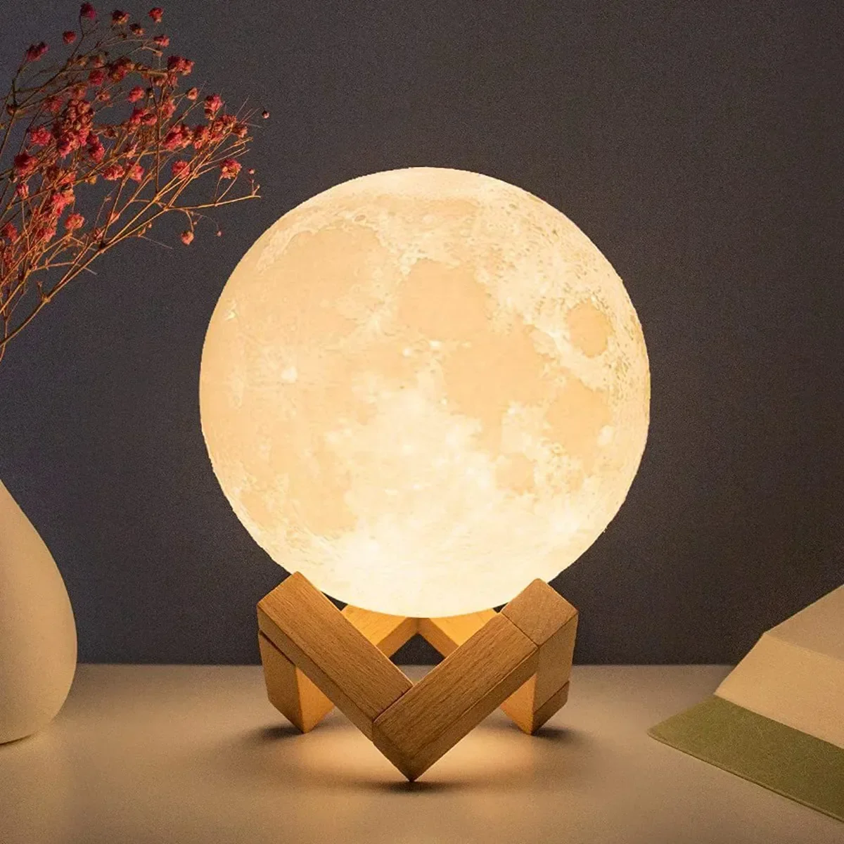 8cm Moon Lamp LED Night Light Battery Powered With Stand Starry Lamp Bed... - $7.93