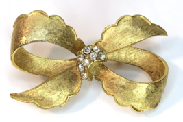 Vintage Brushed Gold Tone &amp; Rhinestone Bow Brooch Textured Pin - £10.28 GBP