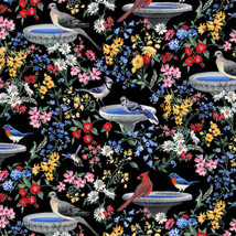 9008-99 Birds Of A Feather Bird Baths Black Fabric By Yard - £19.97 GBP