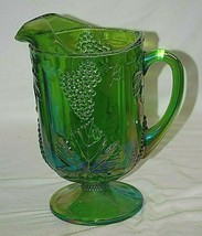 Princess Green Carnival by Indiana Glass Footed Pitcher Embossed Grapes &amp; Leaves - £62.75 GBP
