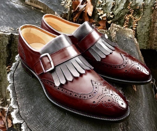Burgundy Gray Monk Shoes Two Tone Fringe Flap Brogue Toe Premium Quality Leather