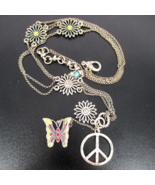 Vintage Long Lucky Brand Charm Necklace Cloisonne Butterfly Daisy Peace ... - $50.07 CAD