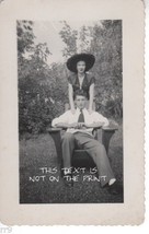 3.25 x 5.25&quot; 1940s Big Hat Lady / Man Adirondack Deckle Edge B/W Photograph - £3.91 GBP