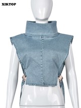 XIKTOP Denim Sleeveless Jacket Women 2023 Sexy Buckle Lace-up Y2K Clothes Safari - £37.33 GBP