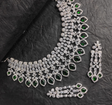 Bollywood Style Indien Plaqué Argent Zircone Cou Collier Vert Ensemble Bijoux - £122.41 GBP