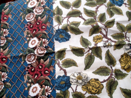 Fabric Red Rooster &quot;Latticework Blue&quot; 2 Pc Vertical Flowers Blue Gold $1.55 - $1.55