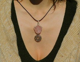 Pink Rose Quartz Silver Necklace With Anahata Sanskrit Heart Chakra Symbol - £27.65 GBP