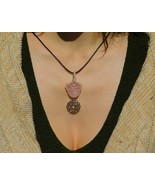 Pink Rose Quartz Silver Necklace With Anahata Sanskrit Heart Chakra Symbol - £27.44 GBP
