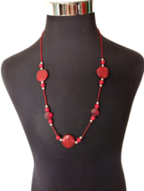 Women&#39;s Necklace Red Seed Beads/Red 7Black Discs/Silvertone Spacers/Red Beads - £7.09 GBP