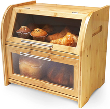 Bread Box For Kitchen Countertop Extra Large 2 Shelf Wooden Bread Storag... - £81.15 GBP