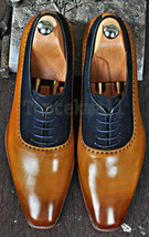 Handmade Men&#39;s Leather Two Tone Tan Blue Burnished Toe Magnificent Shoes-202 - £160.82 GBP