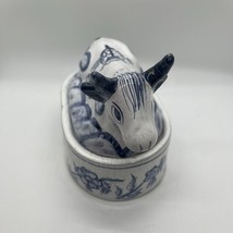 Vintage Hand painted Blue &amp; White Portugal Cow Covered Dish - $37.72