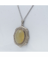 Art Deco Antique Quartz / Jade Cabochon Filigree Pendant Necklace 14K Wh... - $496.73 CAD