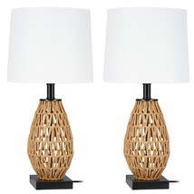 Coastal Table Lamps Set Of 2, Retro Rattan Woven 22.75&quot; Bedside Lamp, For Bedroo - £93.03 GBP