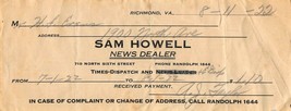 Richmond Virginia ~ Sam Howell-News Dealer-Times Spedizione Mensile Rice... - £7.69 GBP