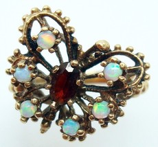 10k Yellow Gold Genuine Natural Opal and Garnet Butterfly Ring (#J443) - £352.15 GBP