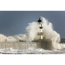 Seaham Teesside England - Waves Crashing Into A Lighthouse Poster Print - $41.46