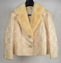 Vintage Cream Flower Print Jacket Rhinestone Button Fur Lapel Collar Coa... - $69.30