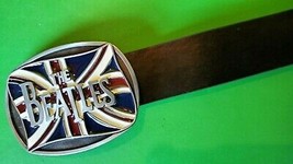 THE BEATLES Epoxy PHOTO MUSIC BELT BUCKLE&amp; Black Bonded Leather Belt (28... - $40.59 CAD