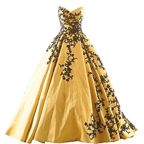 Beaded Gothic Black Lace Long Ball Gown Satin Prom Evening Dresses Gold US 10