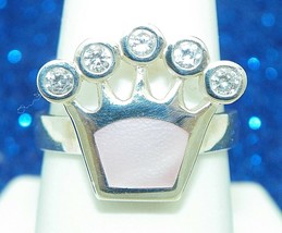 Pink Enamel &amp; Cz Crown Ring Real Solid .925 Sterling Silver 6.6 G Size 7.75 - £23.50 GBP