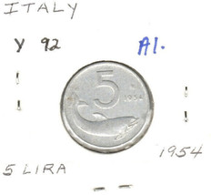 Italy 5 Lire, 1954 Aluminum, KM 92 - £1.40 GBP