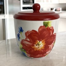 Pier One Red Blue Floral Cookie Jar Canister 6 5/8&quot; Tall Replacement Retired - £26.86 GBP