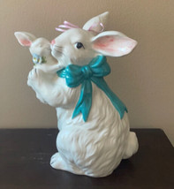 Blue Sky Clayworks Easter Bunny Mom &amp; Baby Figurine New Ceramic White Blue 11” - £52.26 GBP
