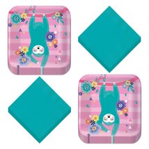 Floral Sloth Teal and Pink Square Paper Dessert Plates and Beverage Napkins (Ser - £12.94 GBP