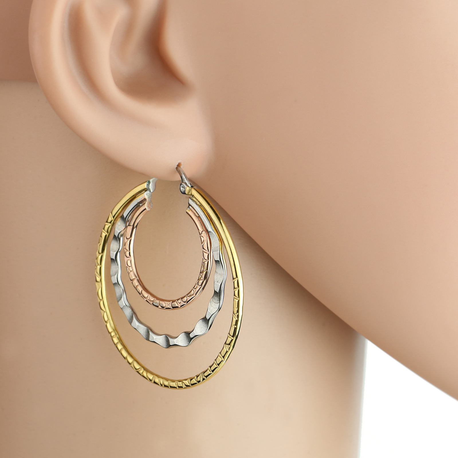 Tri-Color Silver, Gold & Rose Tone Multi Layered Hoop Earrings- United Elegance