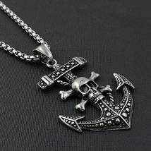Mens Gothic Skull Anchor Pendant Necklace Punk Jewelry Stainless Steel Chain 24" - £9.48 GBP