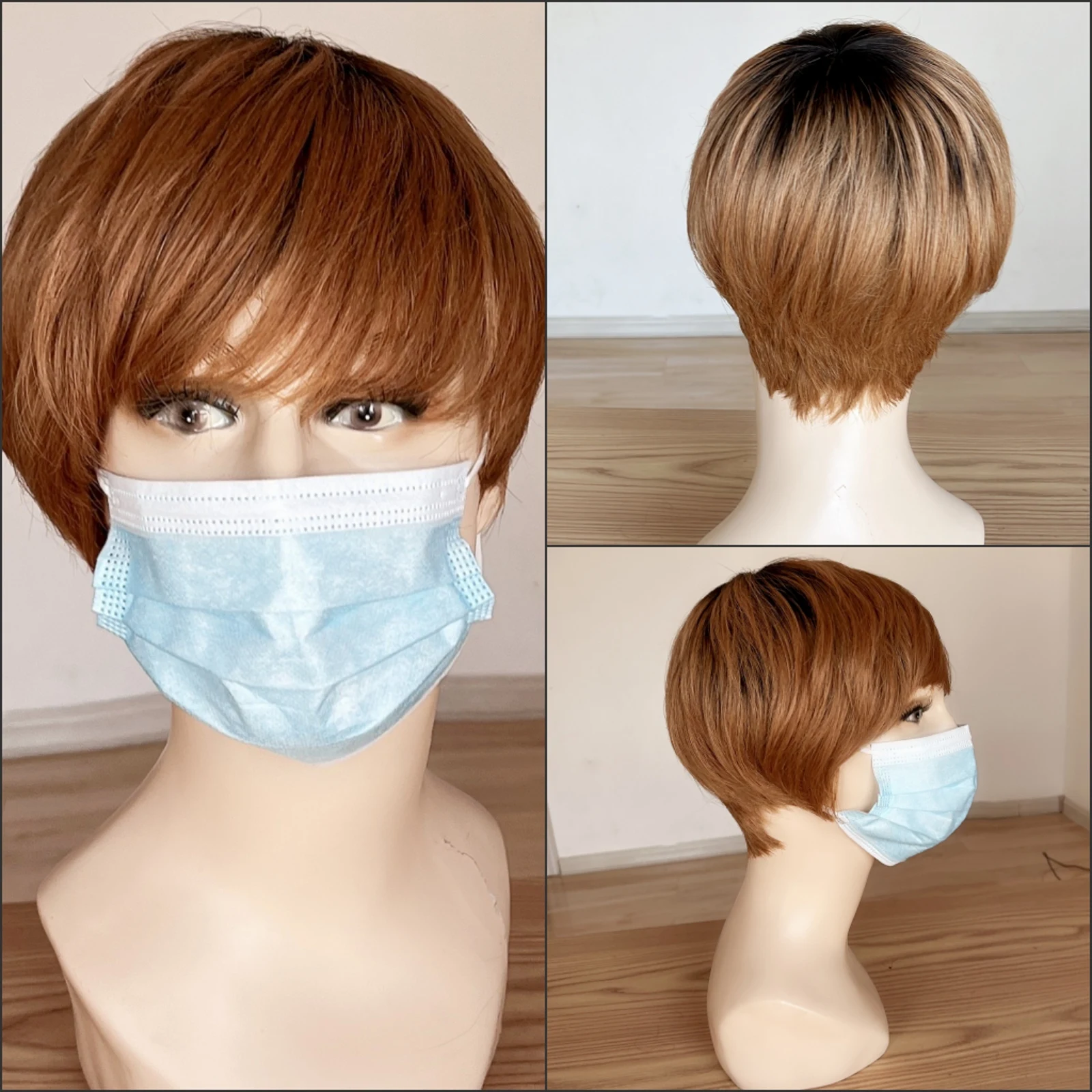 ombre brown pixie cut no lace wig with dark root straight short layered pix - £21.16 GBP