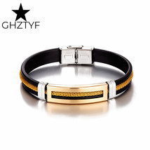Gold Stainless Steel Bracelets for Men Black Rubber Bangle with Chain Double Saf - £10.40 GBP