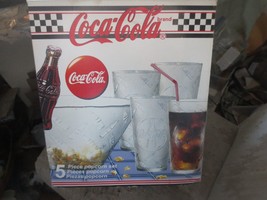 Vintage 1997 Coca Cola 5 Piece Popcorn Set 1 Bowl 4 20 Oz Glasses in box - £21.65 GBP