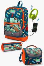 Kids Civit Neon Orange Skateboard Patterned USB Input 3 Pcs School Bag Set SET01 - £196.34 GBP