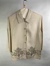 Sag Harbor Womens 1X Linen / Rayon Beige Button Down Shirt w/ Floral Embroidery - £14.11 GBP