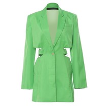 Women Green Hollow Out Long Casual Blazer New Lapel Long Sleeve Loose Fit Jacket - £147.69 GBP