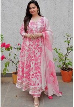 Anarkali Kurti Pant Dupatta Gift Dress Wedding Party Wear Pink Embroidery Work - £40.45 GBP