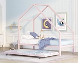 Metal House Bed With Trundle, Twin Size House-Shape Bed For Toddlers, Tw... - $247.99