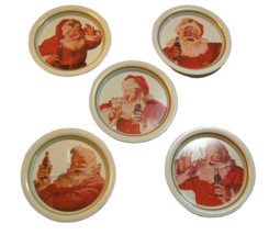 Santa Claus Set Of 5 Coca-Cola Metal Drink Coasters Christmas Unused Vin... - $13.76