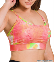 Zenana 3X Tie Dyed Mesh Lined Adjustable Strap Padded Athletic Bra Yellow/Pink - £10.48 GBP