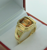 AAA Golden Zircon 10x8mm 4.80 Carats Heavy 14K Yellow gold Emerald cut Mans Ring - £1,425.75 GBP